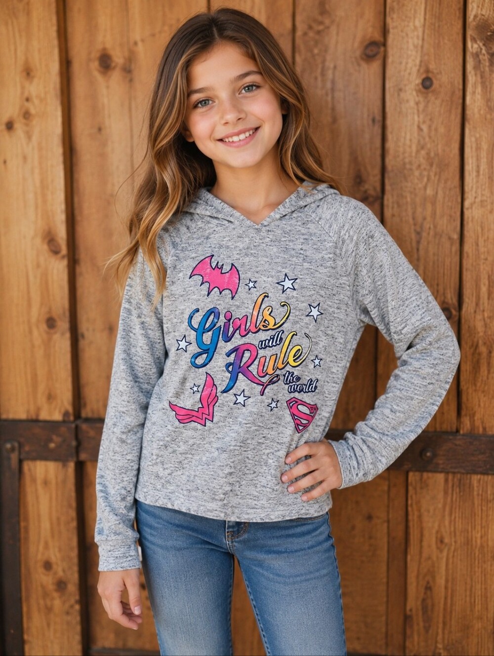 DC Comics Gray Girls Will Rule Hooded Sweatshirt with Pink & Blue Accents